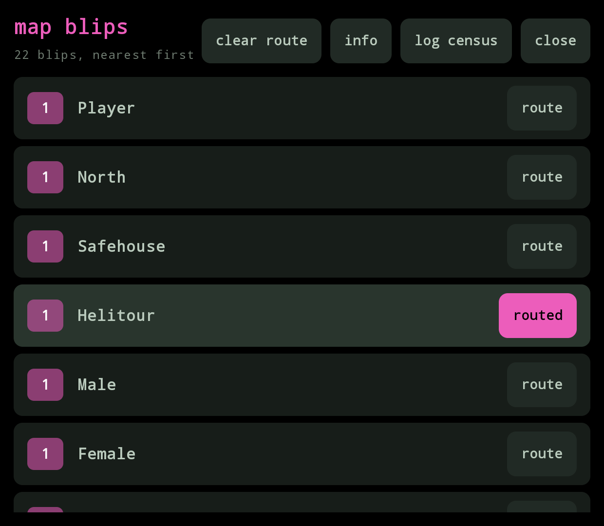 GTA IV blips panel: 22 blips with the TBoGT magenta accent, Helitour routed