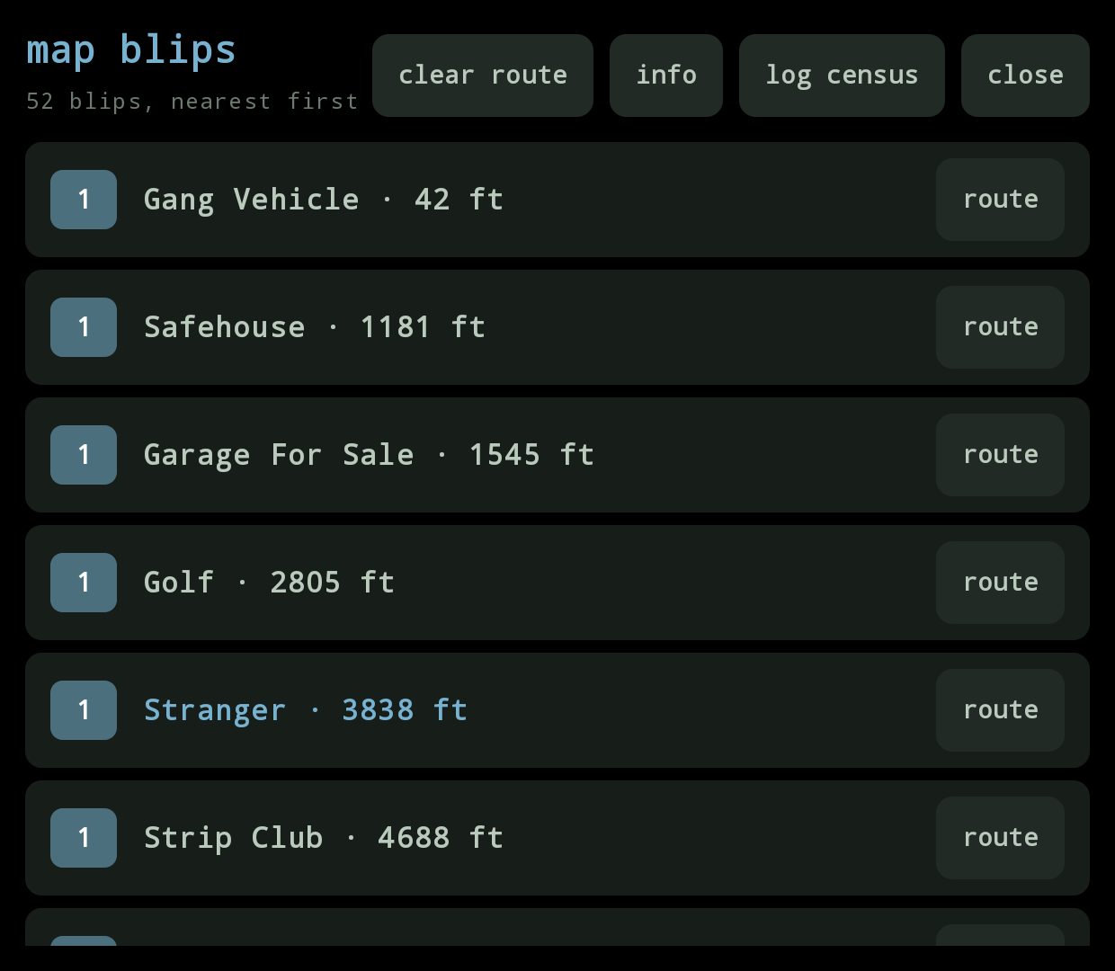 GTA V blips panel: 52 blips grouped by name, nearest first, each with a route button